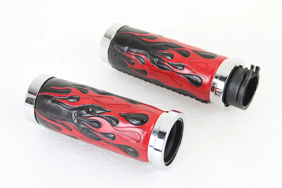Red Flame Style Grip Set With Chrome Ends - V-Twin Mfg. 1