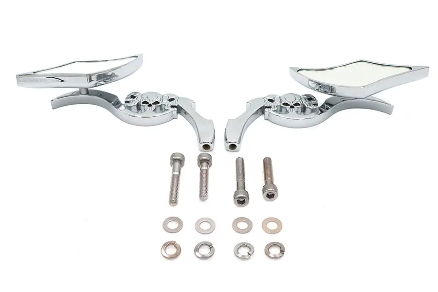 Diamond Shaped Mirror Set With Billet Tri Skull Stems - V-Twin Mfg. 1