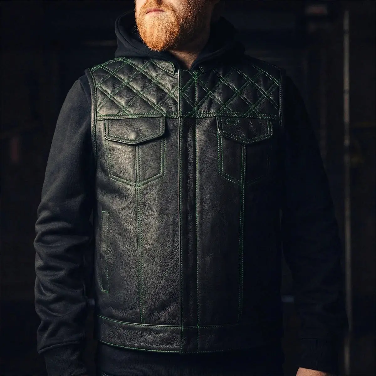 Downside Men's Motorcycle Leather Vest Orange And Green 1