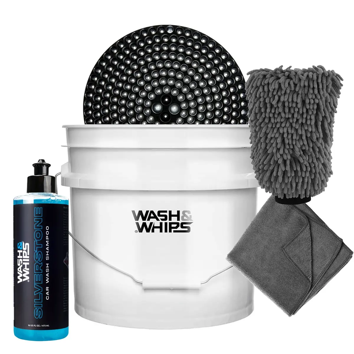 Wash & Whips Car Wash Kit - 3-Gallon Bucket With Particle Interceptor Trap, Shampoo, Chenille Mitt & Microfiber Soft Towel, 5Pcs 1