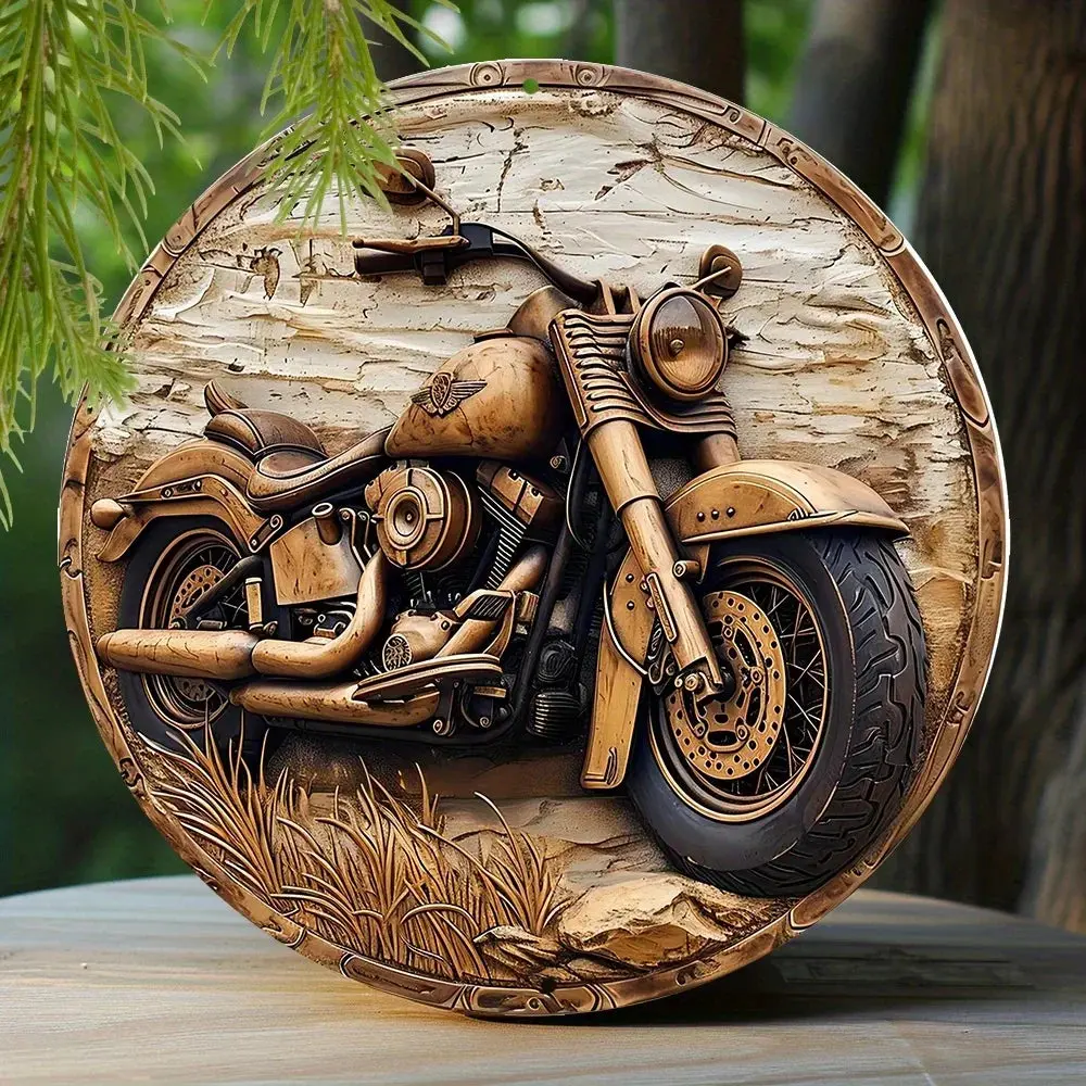 Round Faux Wooden Carved Painted Circular Wreath Sign, Entrance Decoration Gifts Motorcycle Themed Decoration 1