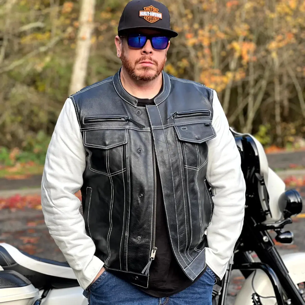 Vincent Men's Cafe Style Leather Jacket Black And White 1