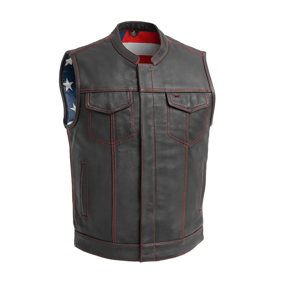 Born Free Men's Leather Motorcycle Leather Vest - Red Stitch 1