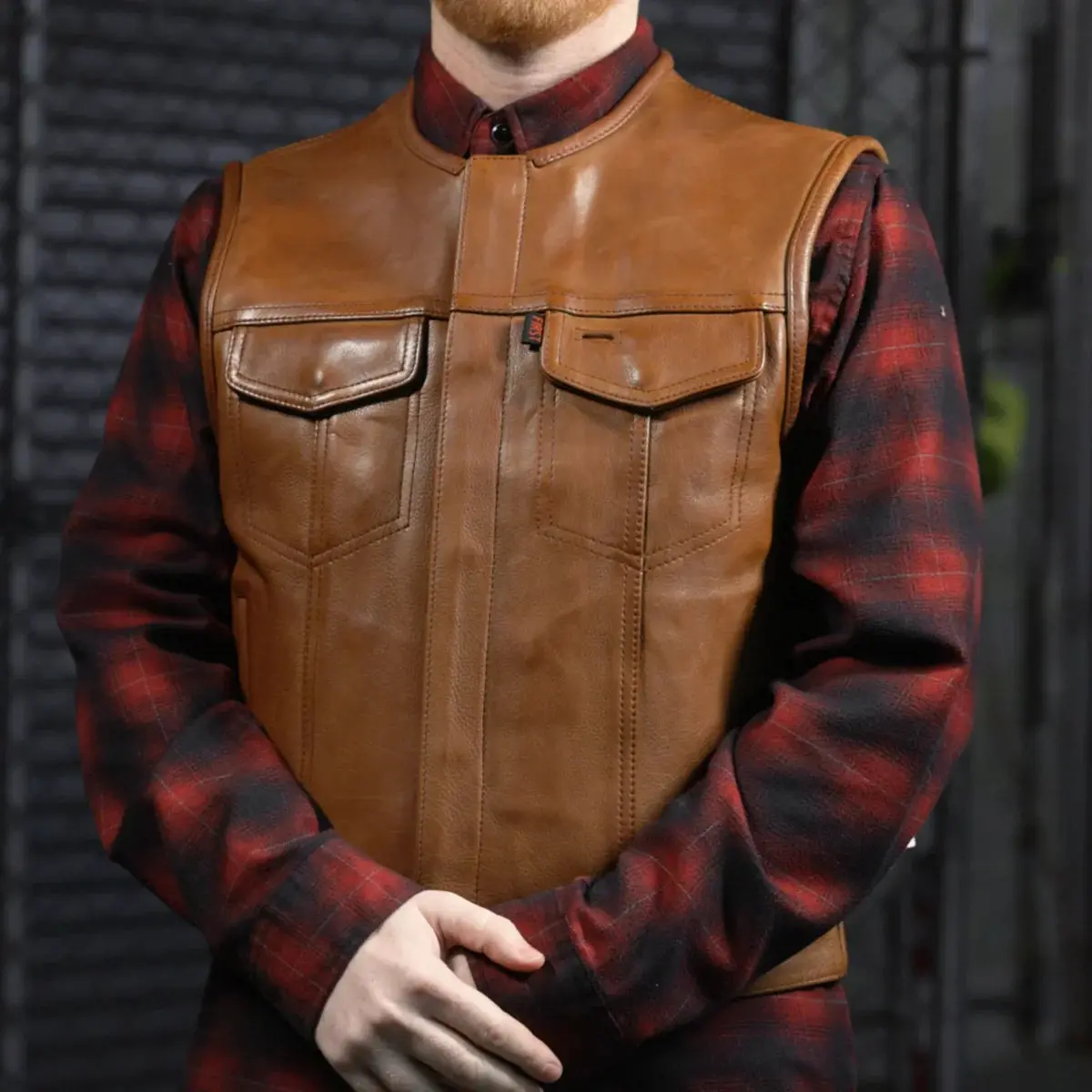 Lowside Men's Motorcycle Leather Vest Cognac 1