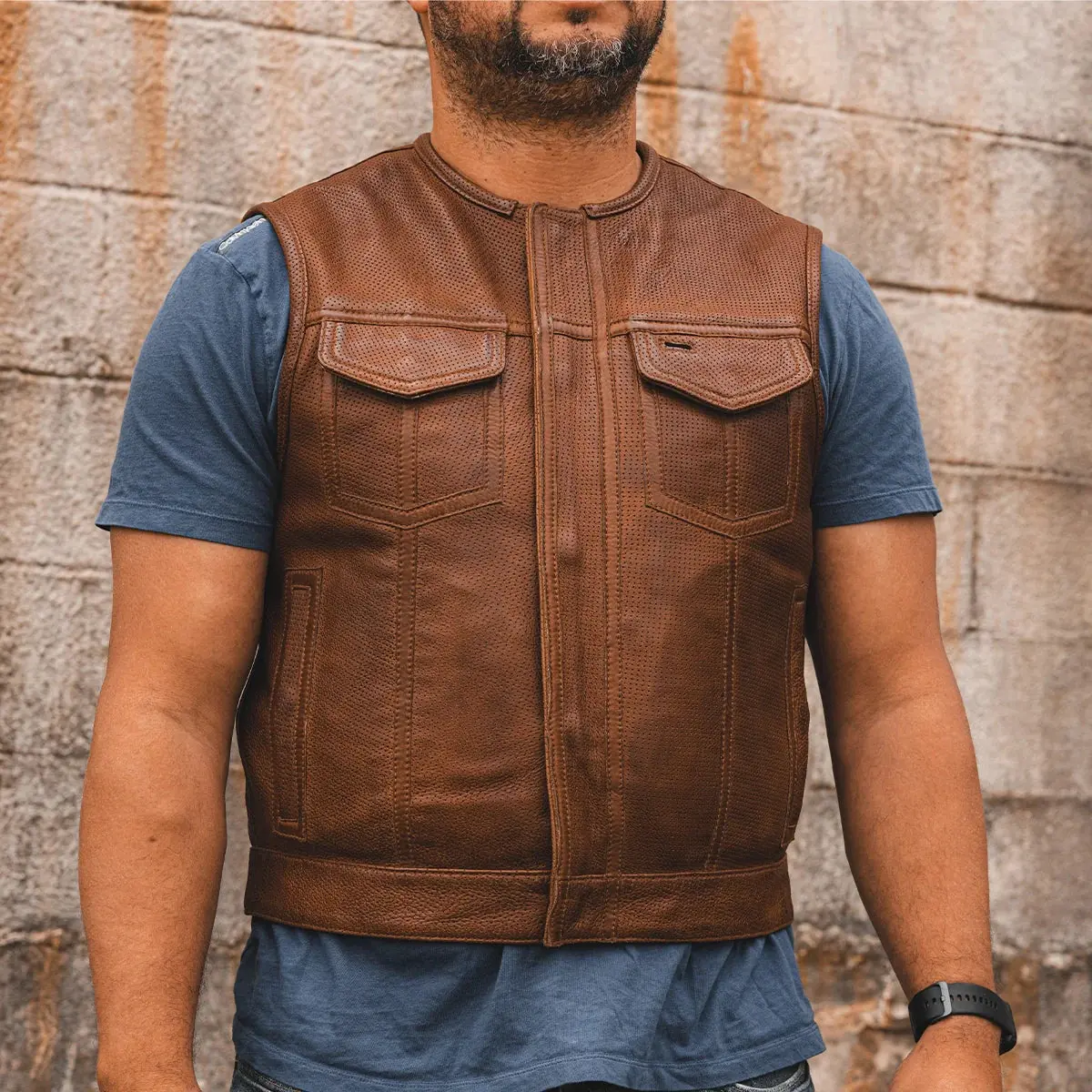 Lowside Men's Perforated Motorcycle Leather Vest Cognac 6