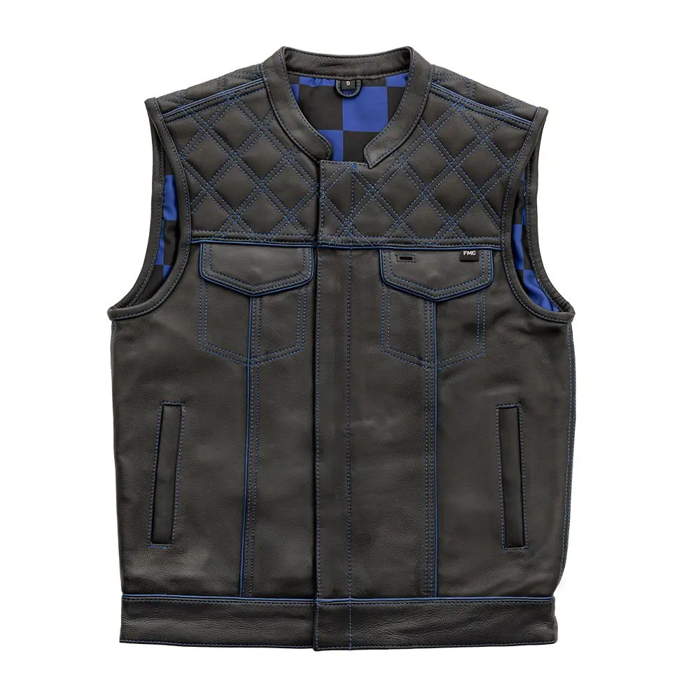 Finish Line - Blue Checker - Men's Motorcycle Leather Vest 1