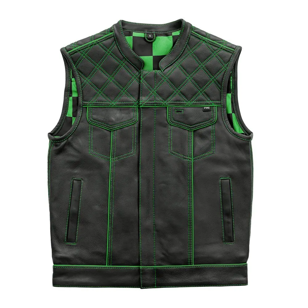 Finish Line - Green Checker - Men's Motorcycle Leather Vest 1