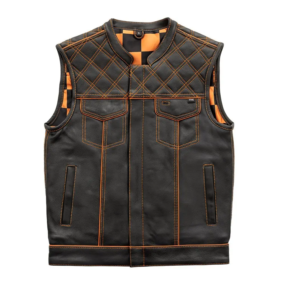 Finish Line - Orange Checker - Men's Motorcycle Leather Vest 1