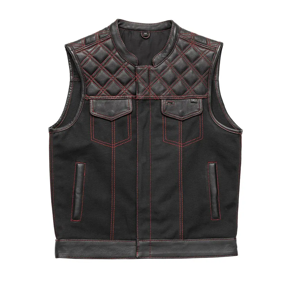 Hunt Club Motorcycle Leather Canvas Vest Black/Red 1