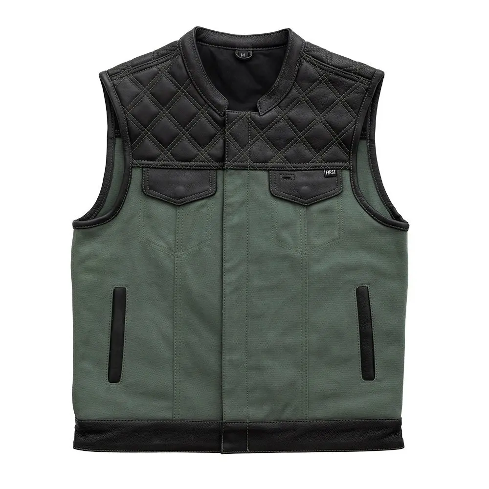 Hunt Club Motorcycle Leather Canvas Vest Green 1