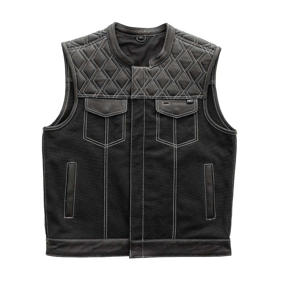Hunt Club Motorcycle Leather Canvas Vest White Stitch 1