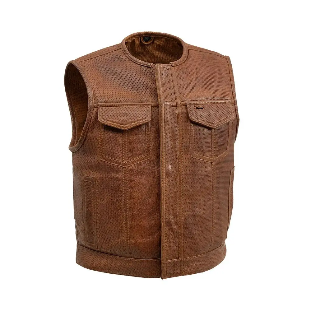 Lowside Men's Perforated Motorcycle Leather Vest Cognac 1
